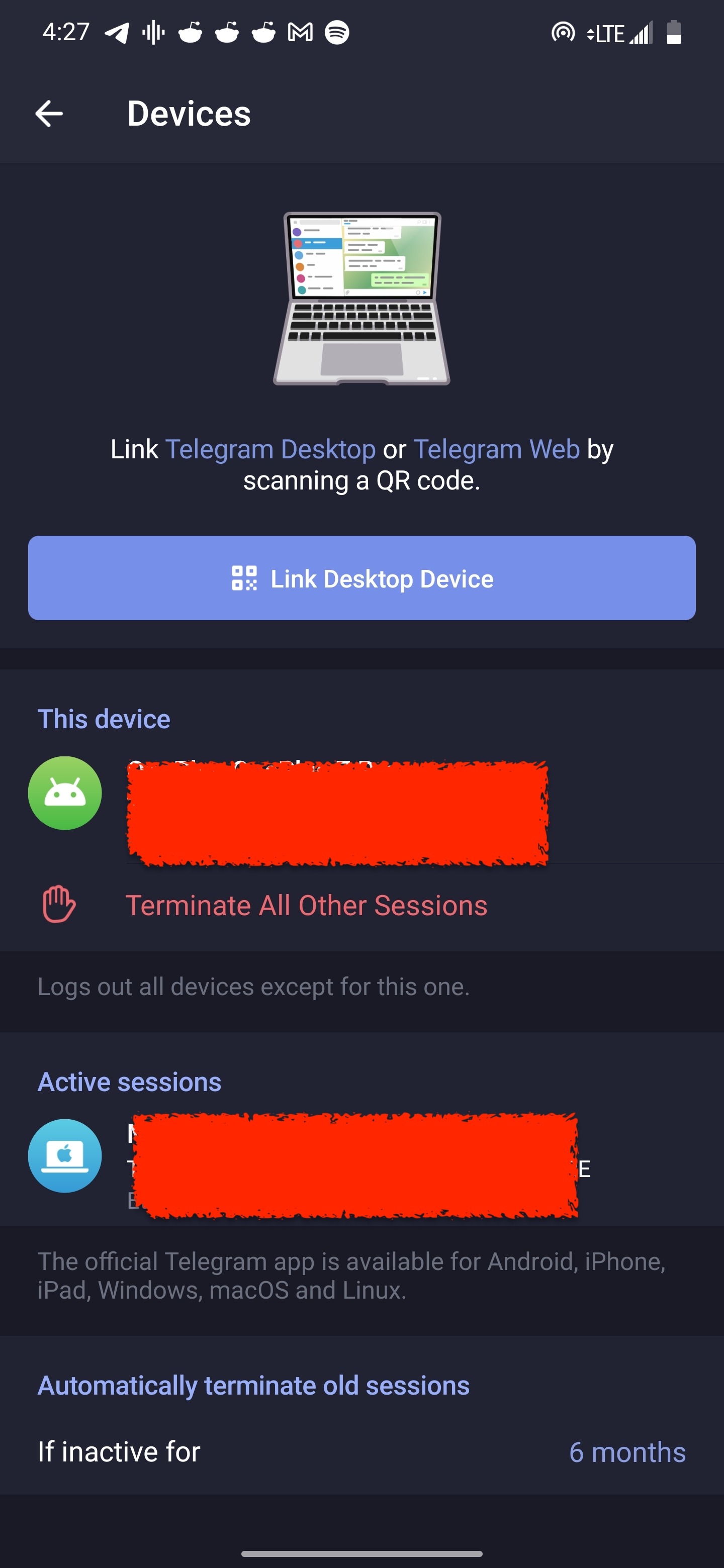 Telegram devices screen/UI